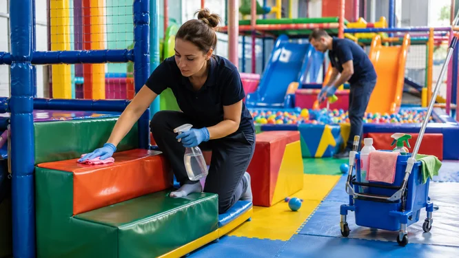 Staff member cleaning a colorful indoor playground play structure