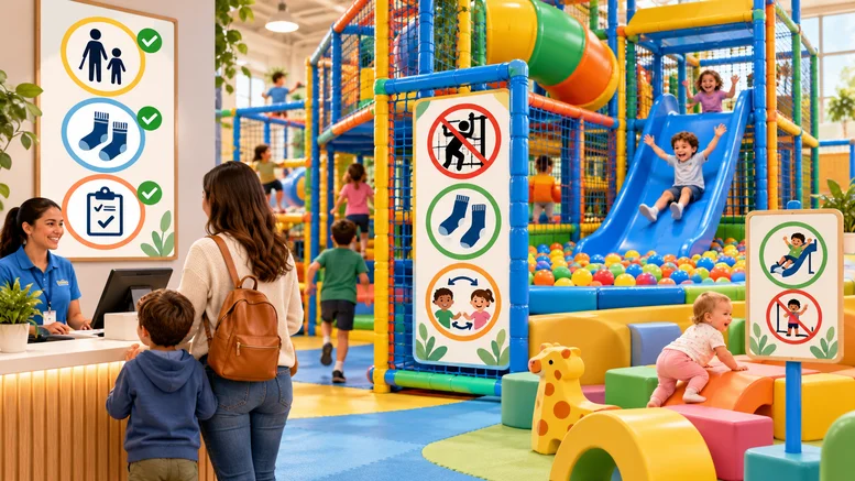 Illustrated indoor playground with rule signs at check-in and beside play equipment.