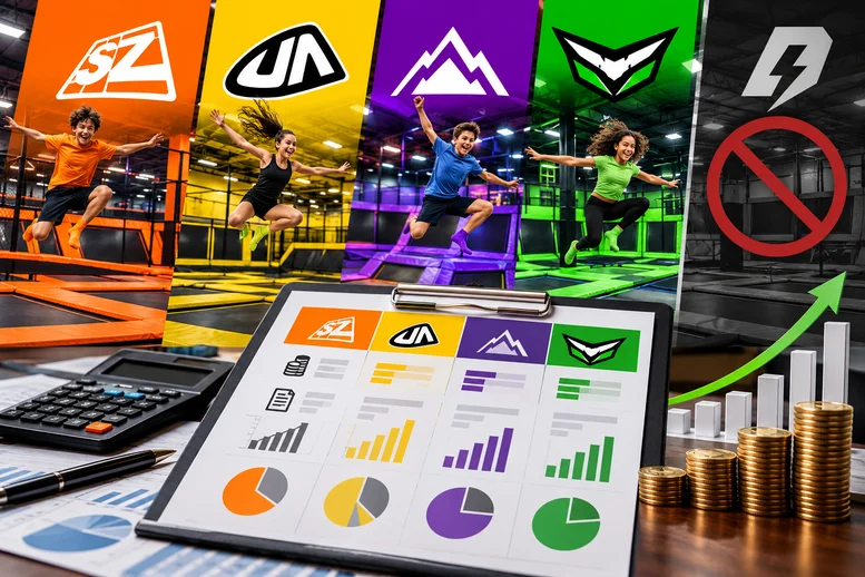 Trampoline park franchise brands side by side: Sky Zone, Urban Air, Altitude and Launch, with DEFY crossed out, over a comparison clipboard and calculator