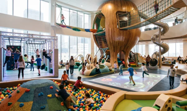 Children climbing through a colorful indoor playground play structure